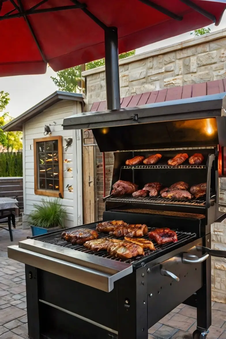 High-end gas grill with open lid and sizzling food